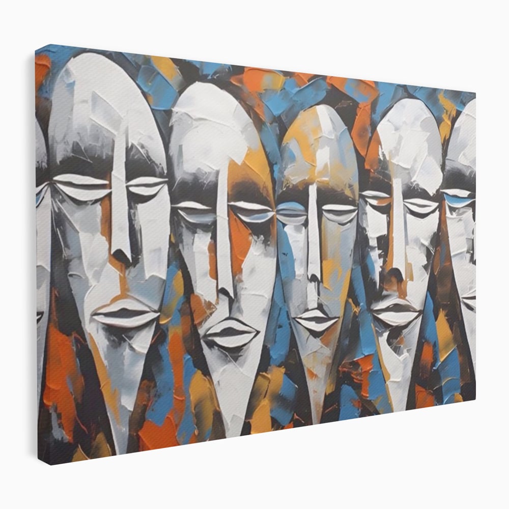 Tablou canvas cu tablou abstract cu masti tribale albe, fara rama, pe sasiu de lemn
